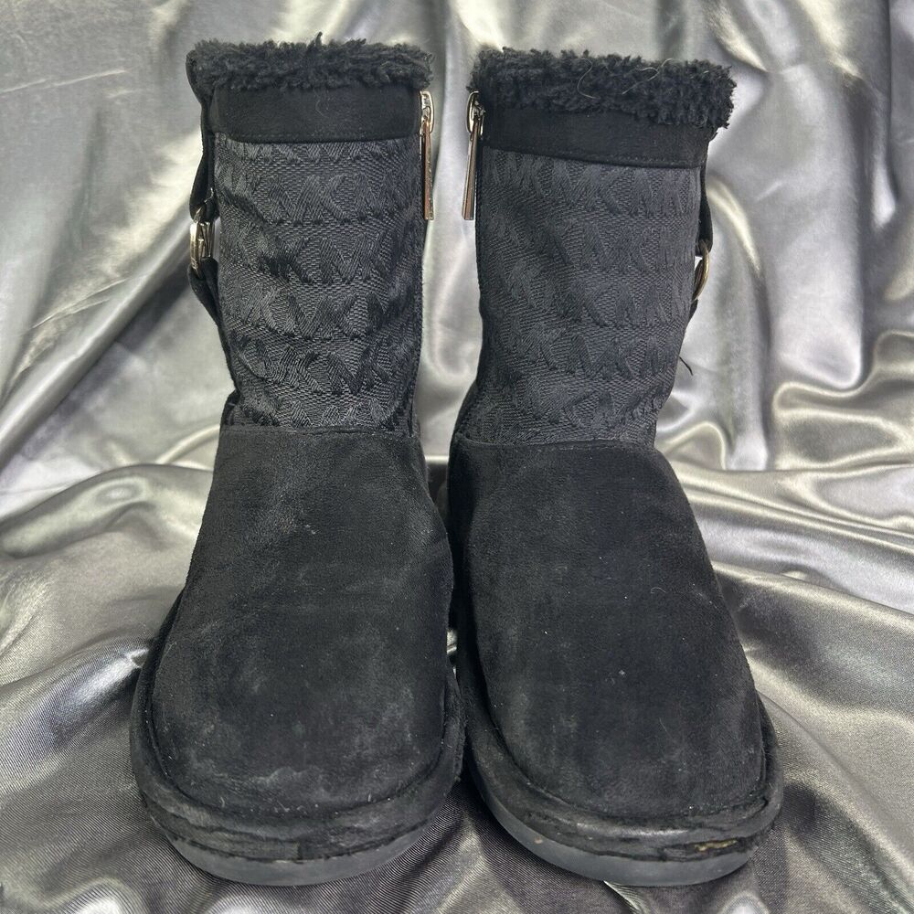 Michael Kors‎ Yancy Faux Fur Boots Booties Girls 13 Black / Gold MK Logo Winter - Picture 6 of 14